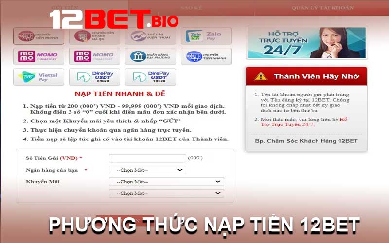 phương thức nạp tiền 12bet